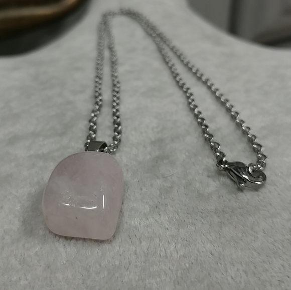 Rose Quartz Necklace Natural Gemstone Crystal Pendant Stainless-Steel Chain Pink - Picture 4 of 16